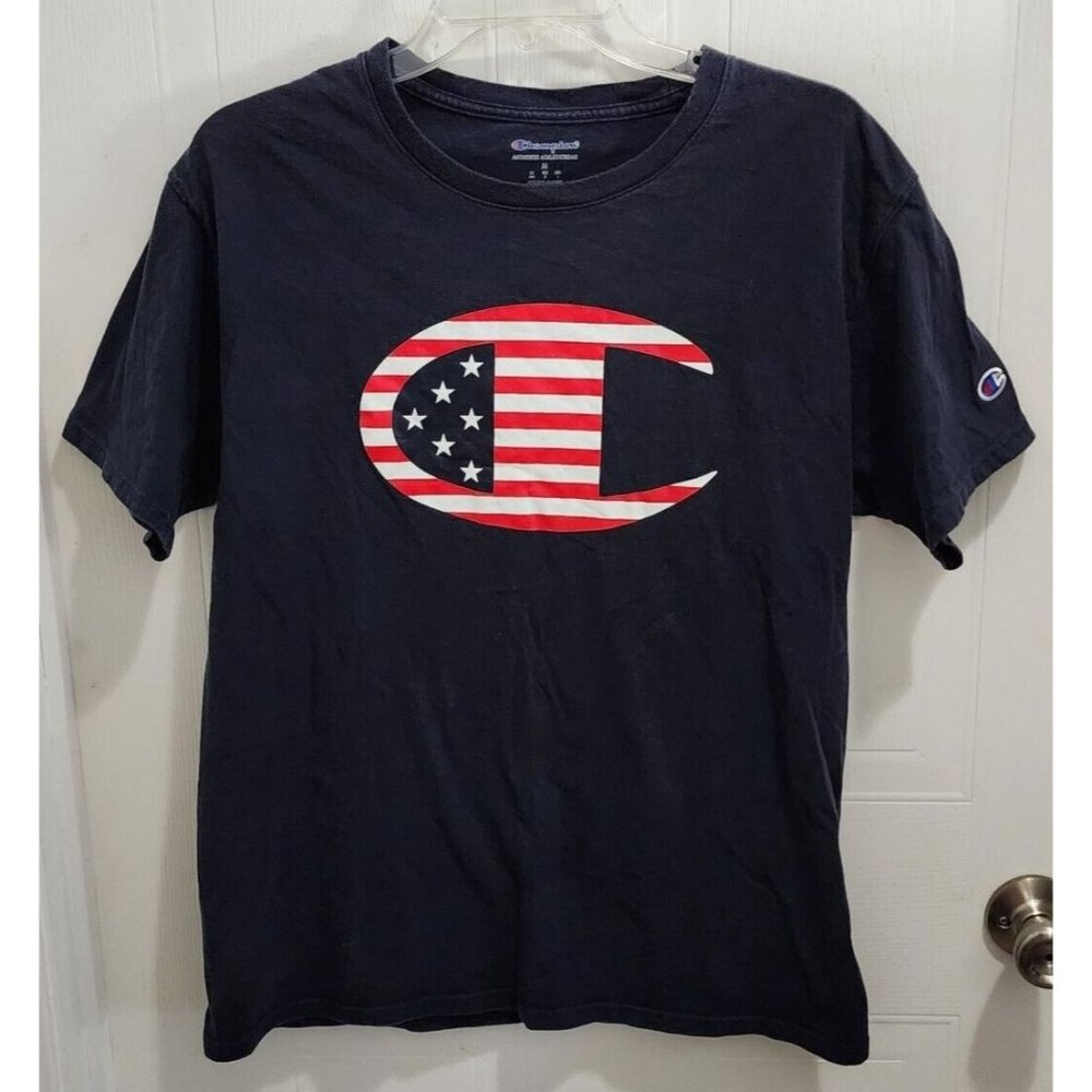 Champion‎ Men's Classic American Flag Logo T Shirt USA T Shirt Navy Size Medium